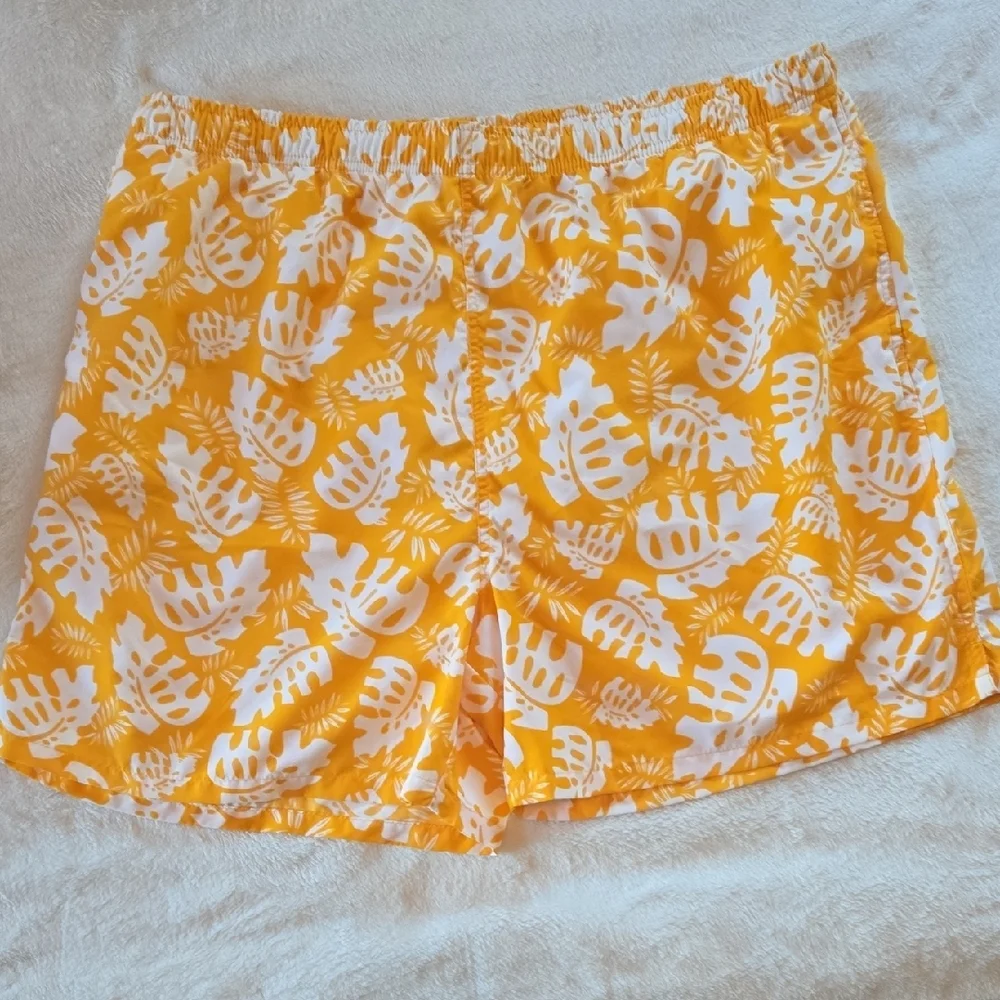 Tropical Yellow & White Men's Swim Trunks 2X Surf Bright Summer Pool Vintage 80s